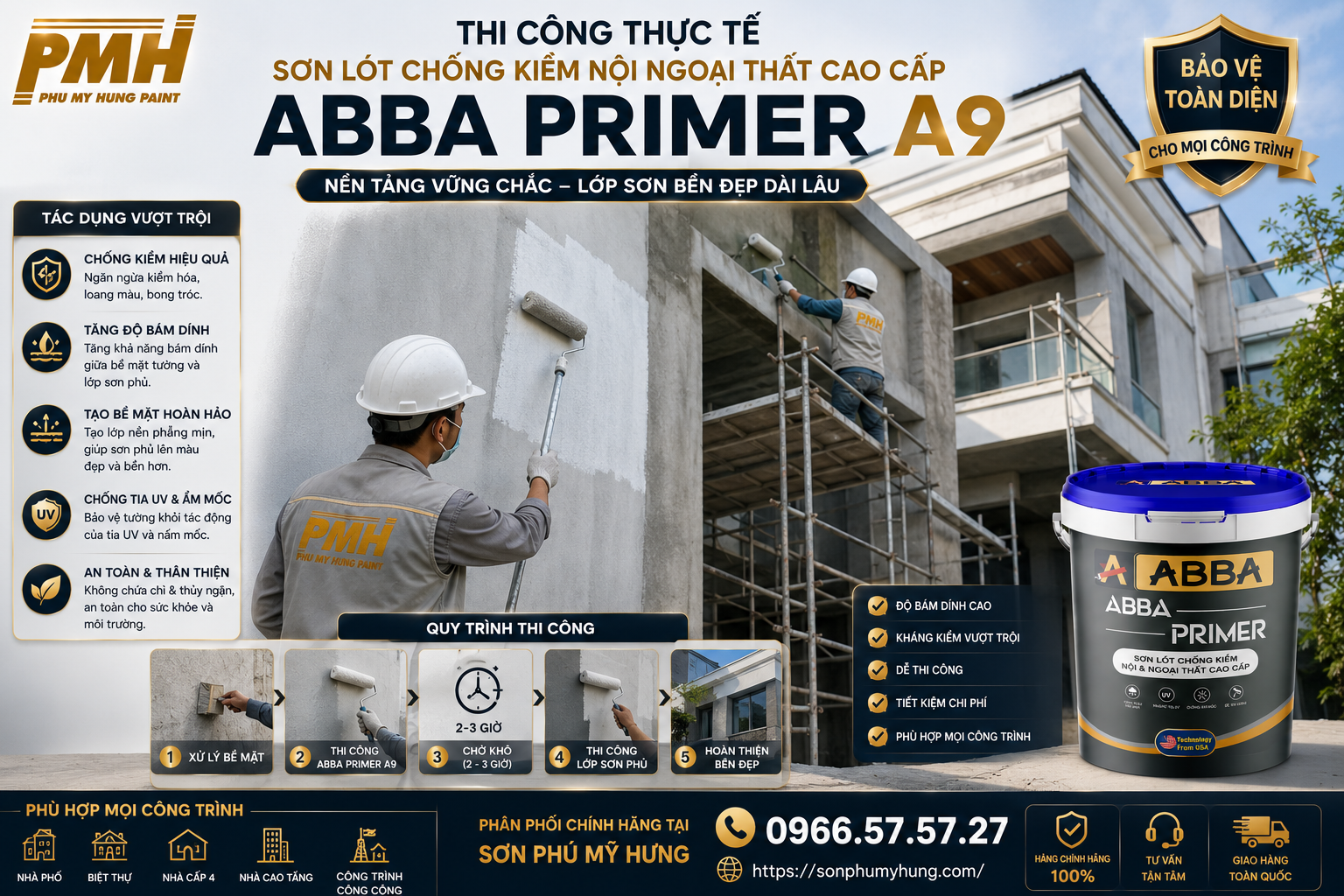 Thi công thực tế sơn lót chống kiềm nội ngoại thất cao cấp abba primer a9