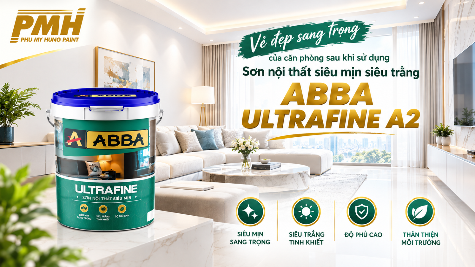 Mặt tường hoàn thiện bằng Sơn nội thất siêu mịn siêu trắng ABBA ULTRAFINE A2