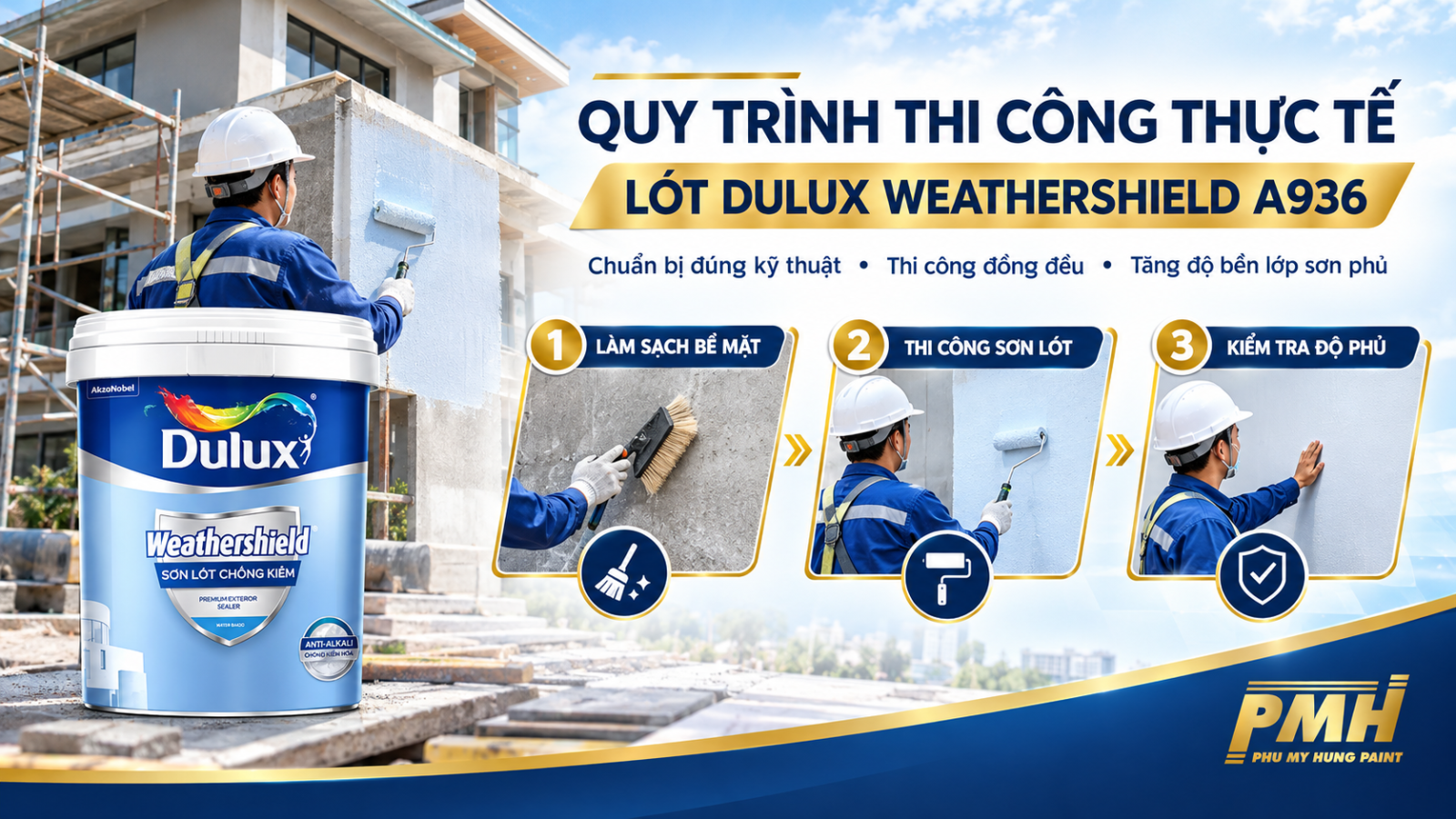 Thi công Lót Dulux WeatherShield chống kiềm Ngoại Thất - A936 thực tế