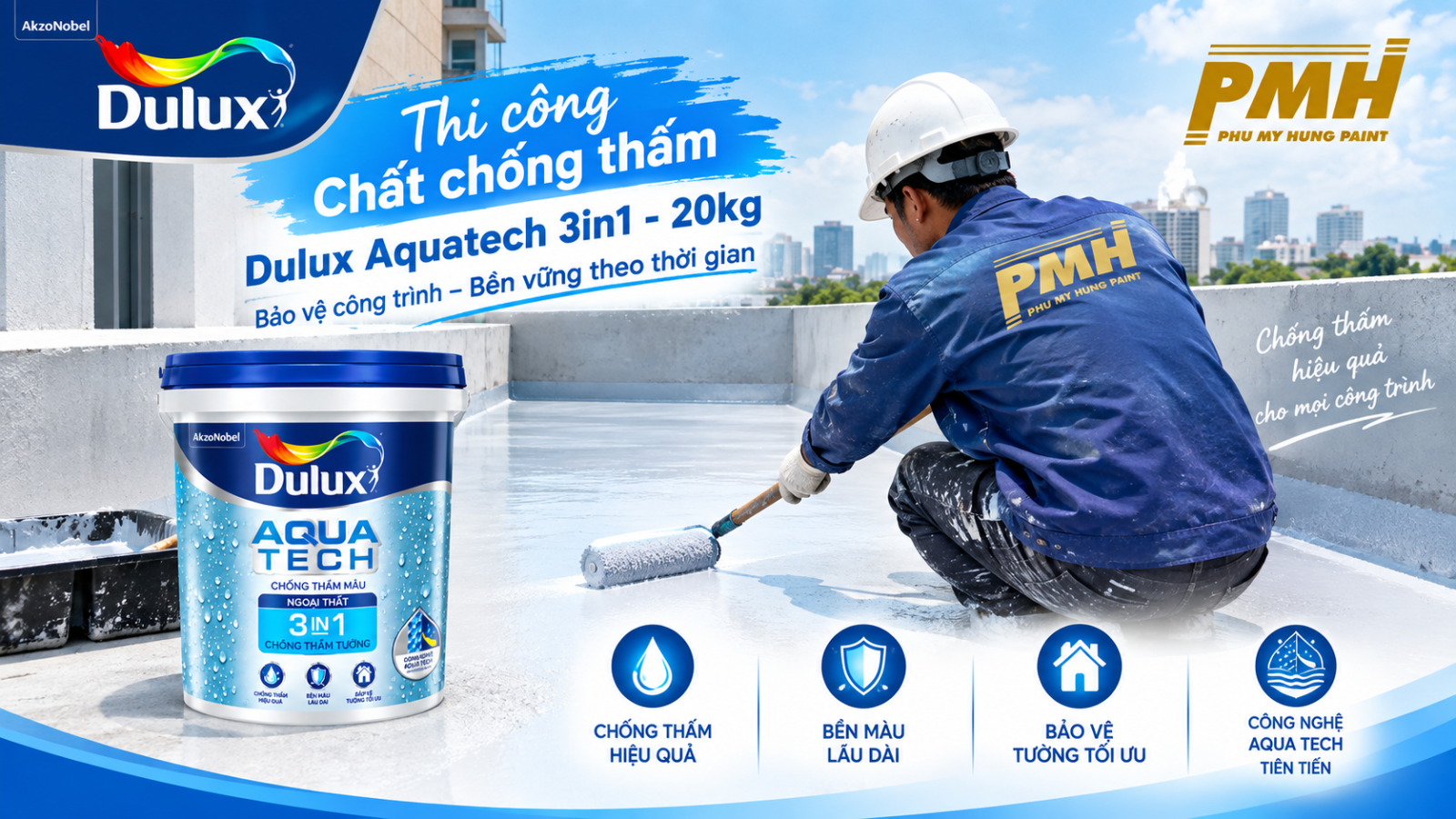 Hướng dẫn thi công Chất chống thấm Dulux Aquatech 3in1 - 20kg cho tường ngoài trời