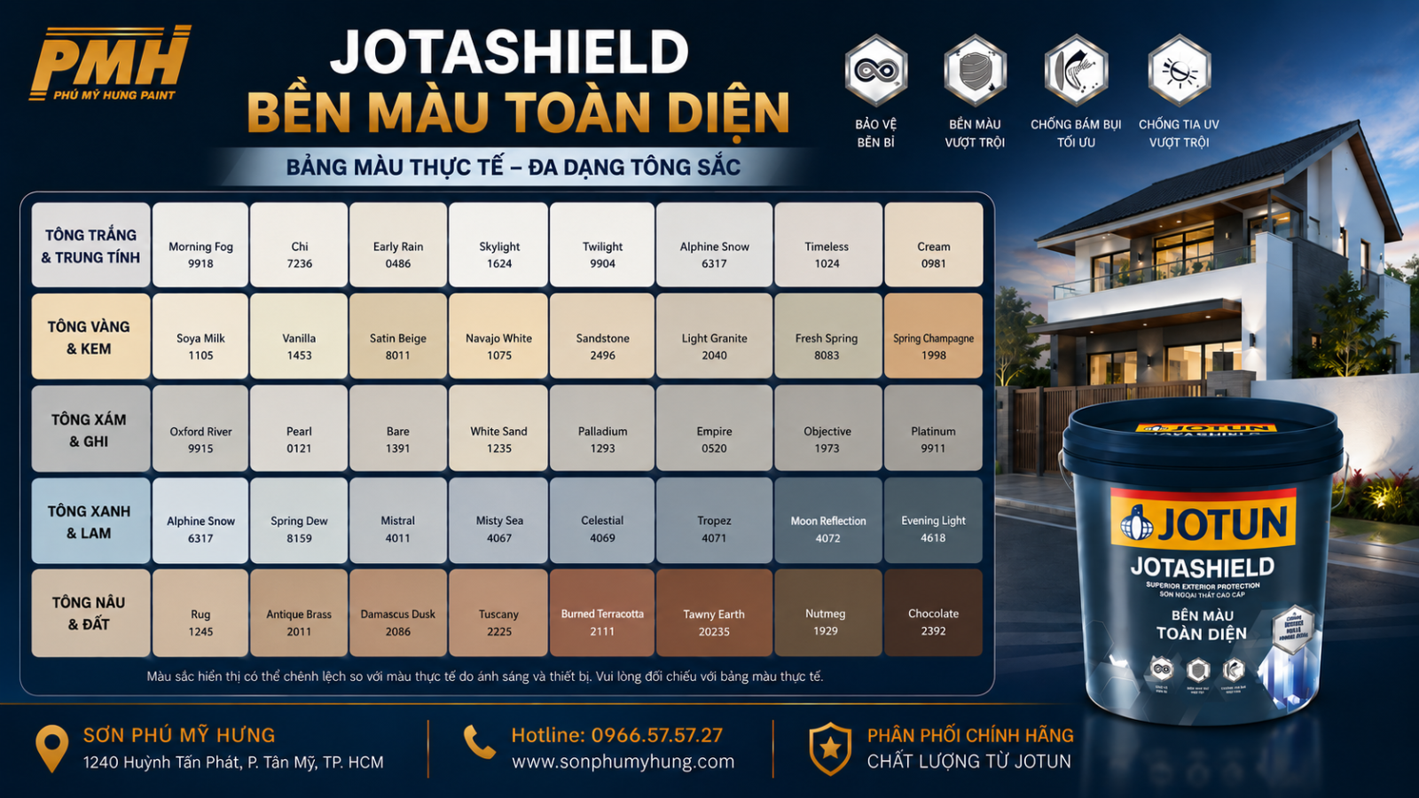 Bảng màu Jotashield Bền Màu Toàn Diện đa dạng sắc màu ngoại thất sang trọng