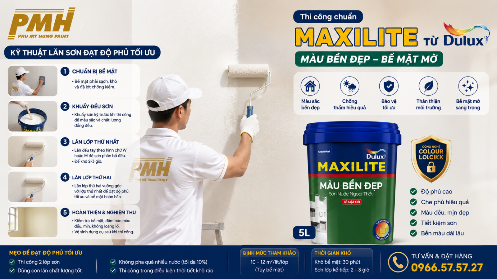 Thi công sơn MAXILITE TỪ DULUX MÀU BỀN ĐẸP – BỀ MẶT MỜ - 5L Thợ sơn thực hiện lăn lớp sơn MAXILITE TỪ DULUX MÀU BỀN ĐẸP – BỀ MẶT MỜ - 5L chuẩn kỹ thuật