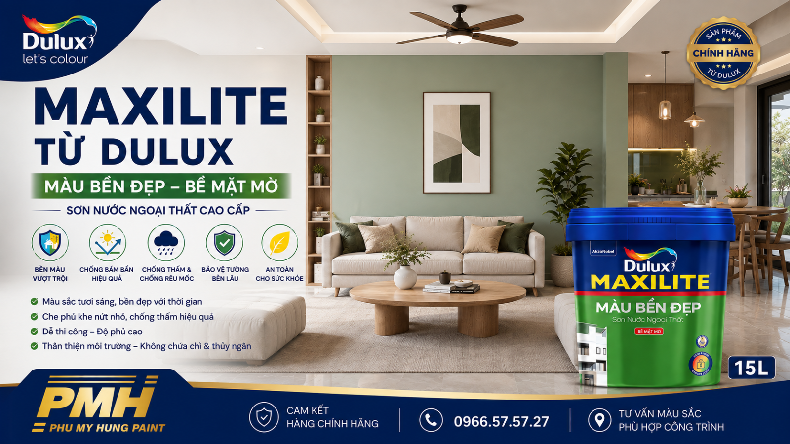 Không gian phòng khách sang trọng sử dụng MAXILITE TỪ DULUX MÀU BỀN ĐẸP – BỀ MẶT MỜ - 15L