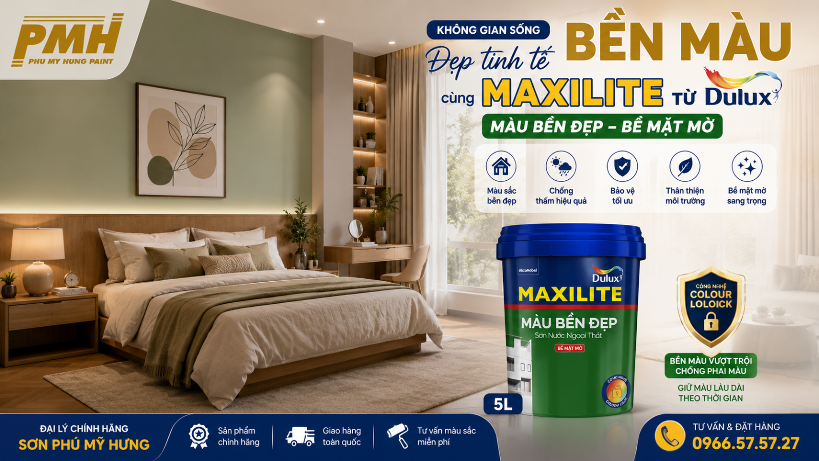 Phòng ngủ sơn MAXILITE TỪ DULUX MÀU BỀN ĐẸP – BỀ MẶT MỜ - 5L Không gian nội thất hiện đại sử dụng MAXILITE TỪ DULUX MÀU BỀN ĐẸP – BỀ MẶT MỜ - 5L