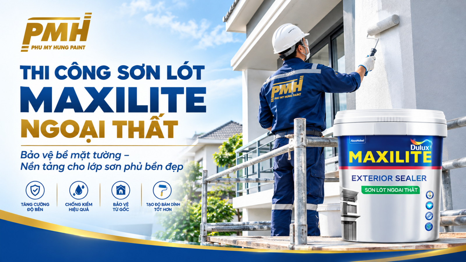 sơn lót maxilite ngoại thất trong quá trình thi công thực tế ngoài trời