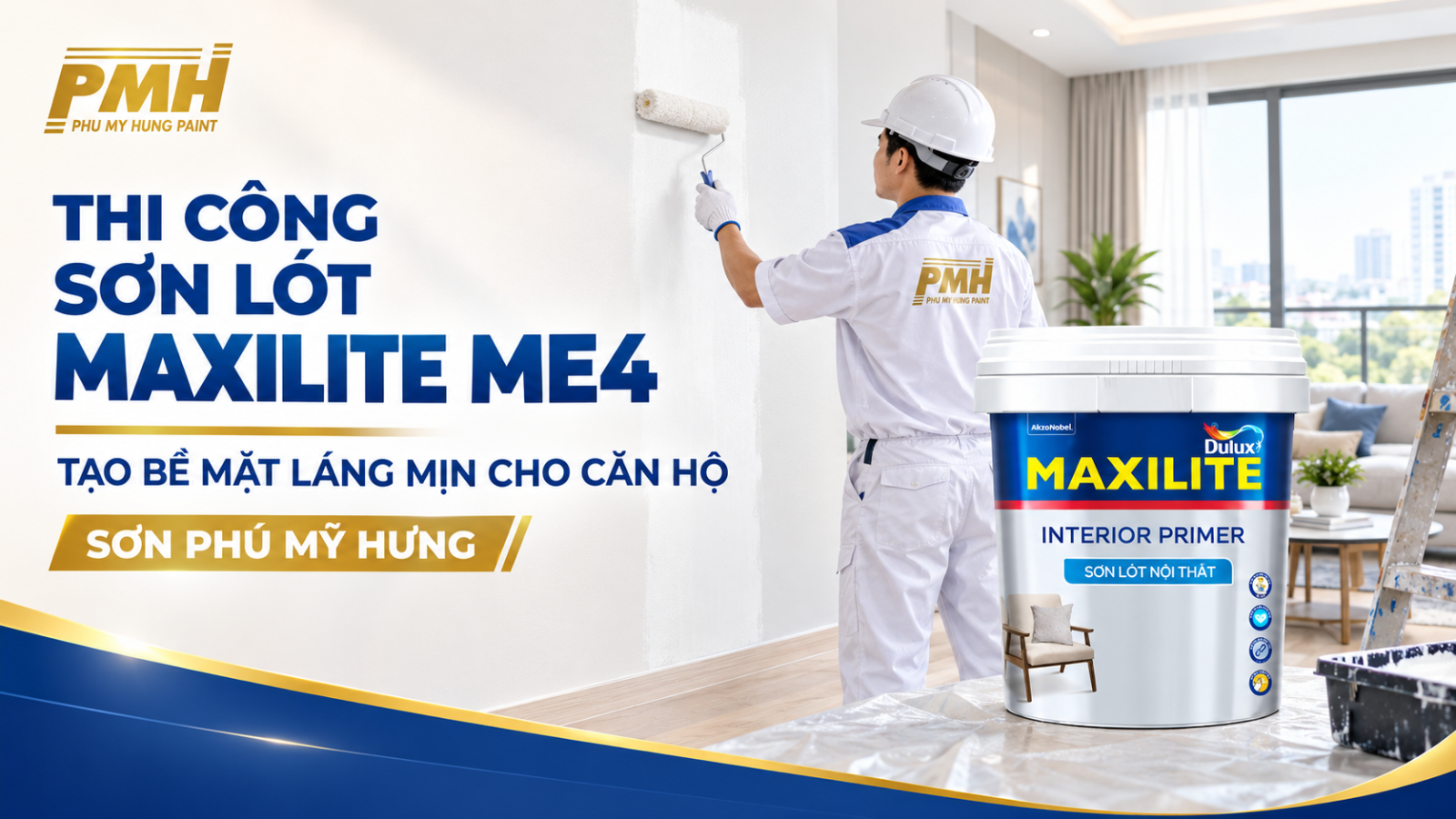 Thi công lăn sơn lót maxilite nội thất me4 cho tường nhà mới