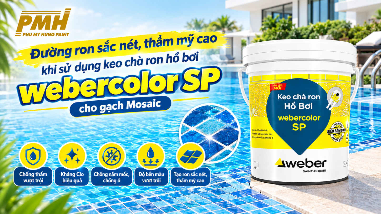 Thi công keo chà ron hồ bơi webercolor SP cho gạch Mosaic