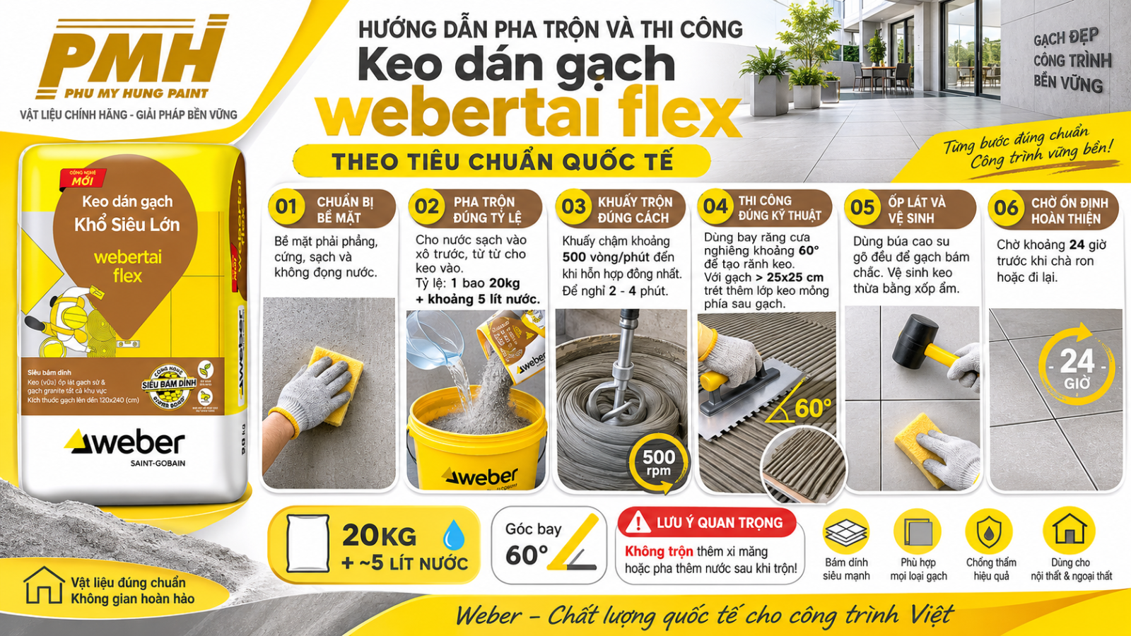 Quy trình sử dụng Keo dán gạch webertai flex - Bao 20Kg chuẩn kỹ thuật