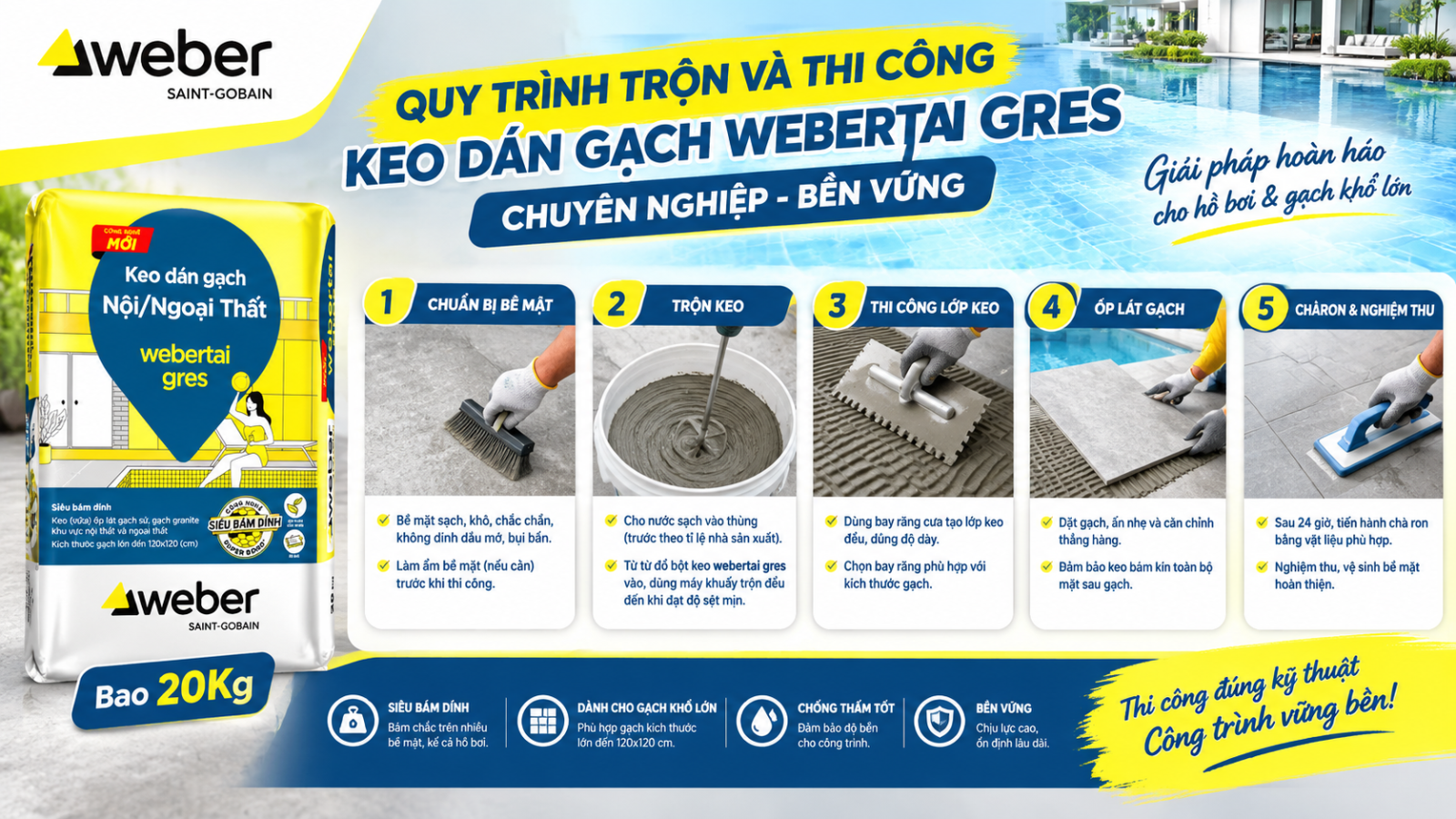 Quy trình chuẩn bị Keo dán gạch webertai gres - Bao 20Kg