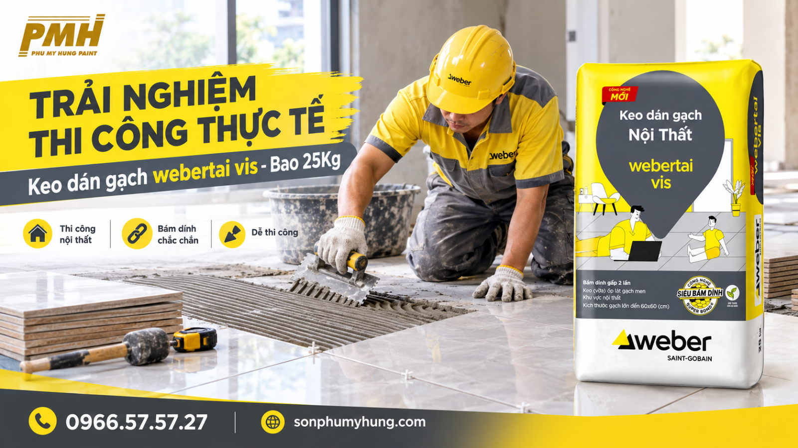 Thi công Keo dán gạch webertai vis - Bao 25Kg cho sàn nhà